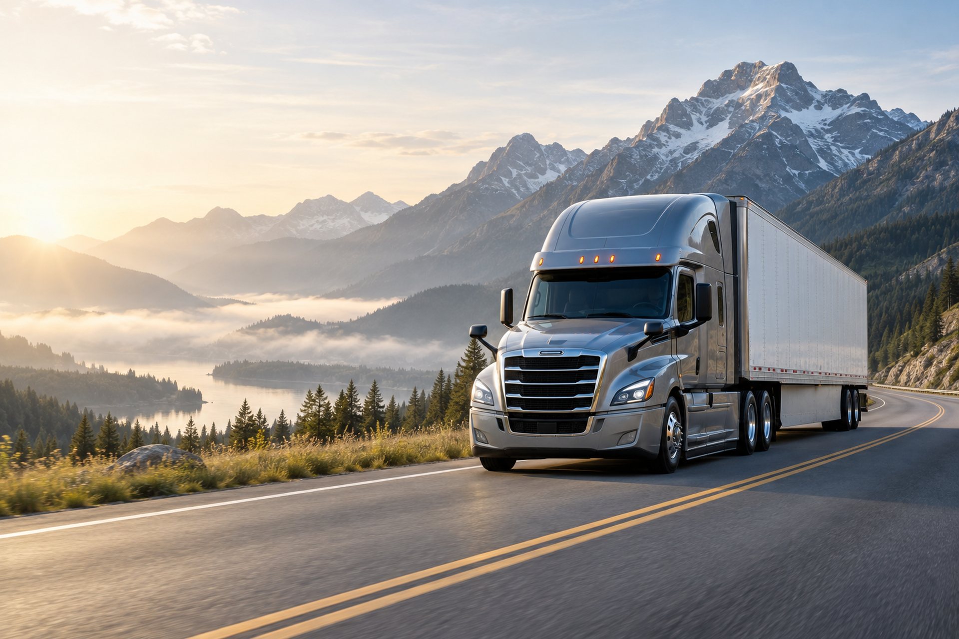 Silver semi truck traveling along a mountain highway at sunrise